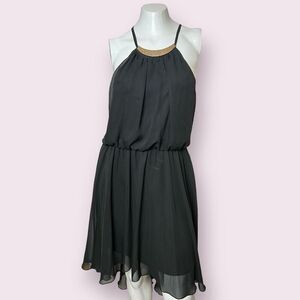 Lily Rose Black Flowly High Low Defined Waist Dress with Metal Lic Collar and Ha